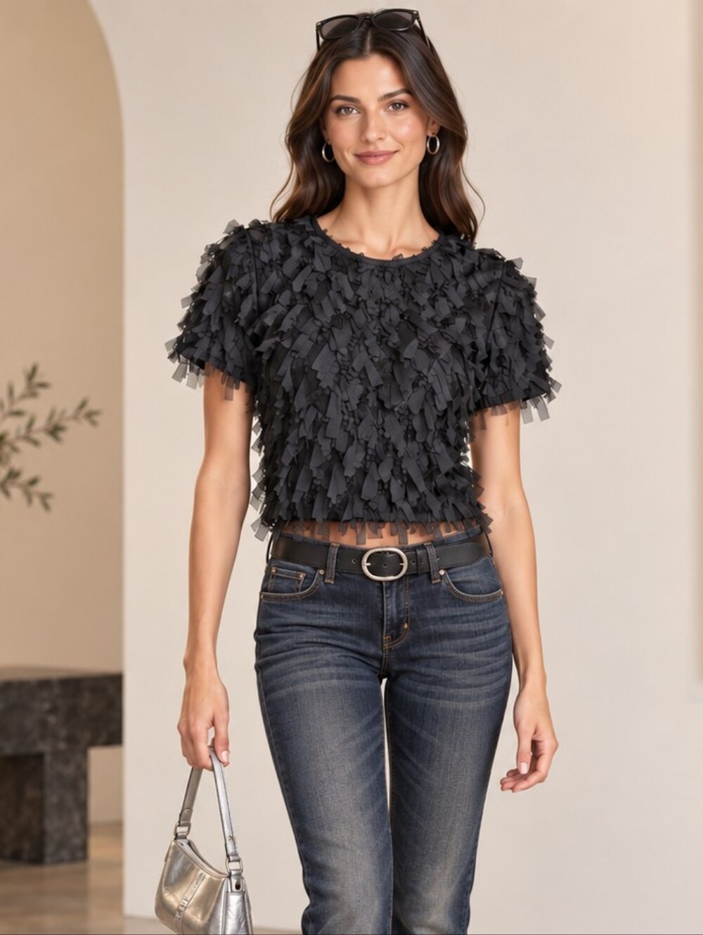 Zara Black Mesh Ribbon Fringe Crop Top Short Sleeve Textured Small